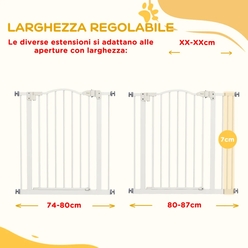 PawHut Cancelletto per Cani Estensibile con 2 Blocchi e Chiusura Automatica, in Metallo e Plastica, 74-87x78 cm, Bianco