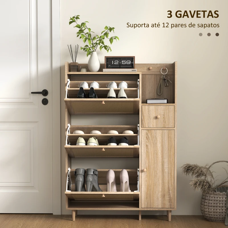 HOMCOM Móvel Sapateira com 3 Gavetas com Frente em Vime para 12 Pares de Sapatos Prateleiras Ajustáveis 80x23x120 cm Carvalho