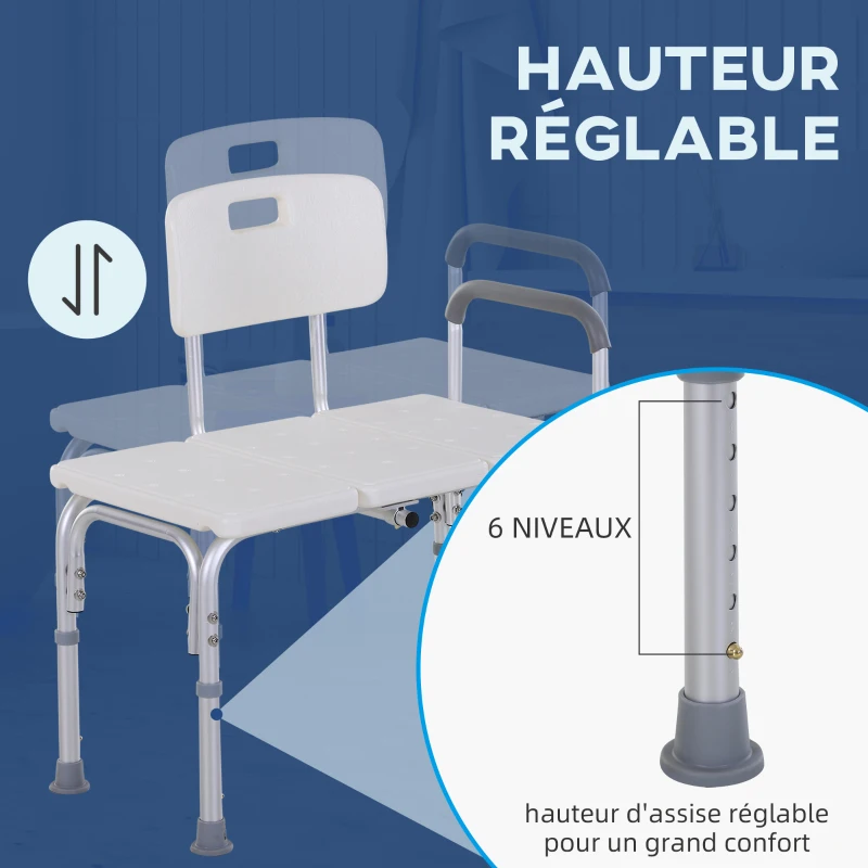 HOMCOM Tabouret de douche chaise de douche dossier ergonomique hauteur réglable pieds antidérapants grande assise charge max. 136 kg 74 x 53 x 80-92 cm blanc