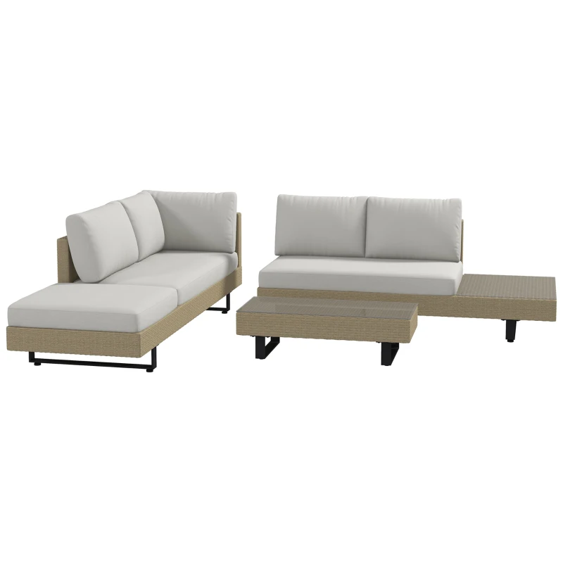 Outsunny Conjunto de Muebles Ratán de 3 Piezas Mesa de Centro Sofá Doble y Sofá de 3 Plazas con Cojines Extraíbles Beige