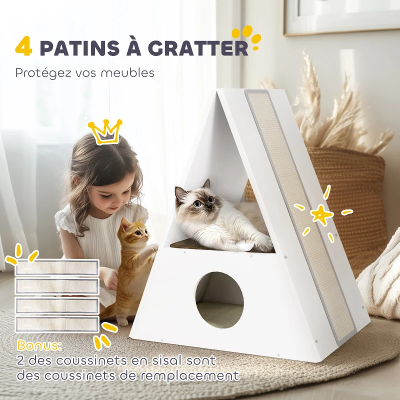 PawHut Maison pour chat 2 niveaux, Lit pour chats d'intérieur avec 2 tapis et 4 griffoirs en sisal, cachette confortable