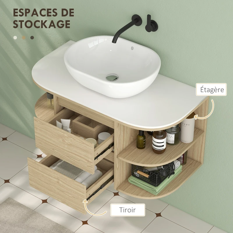 HOMCOM Meuble sous lavabo salle de bain suspendu meuble sous vasque avec tiroirs à fermeture douce et étagères, marron
