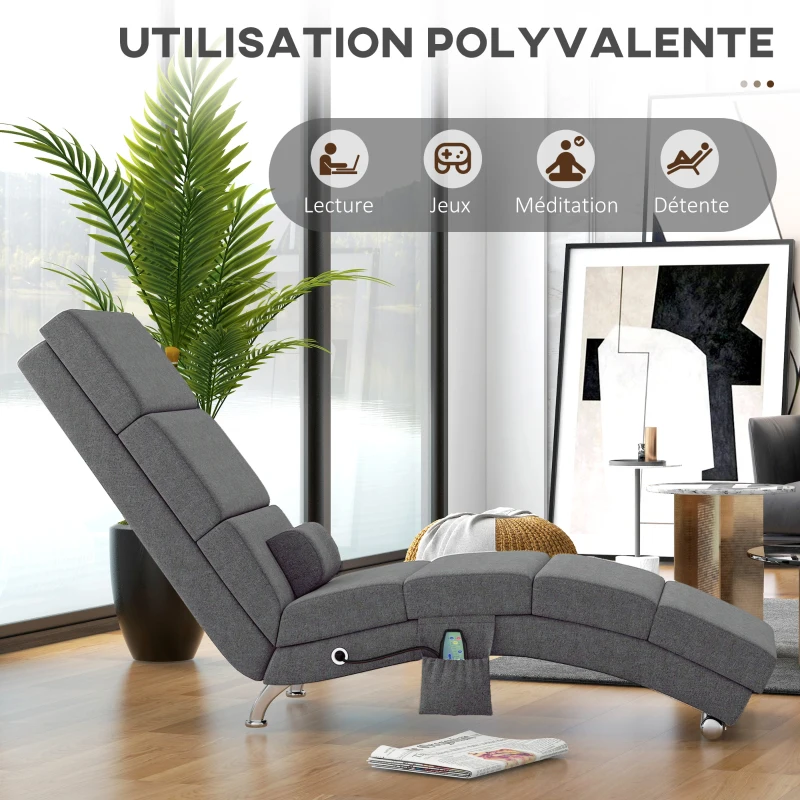 HOMCOM Fauteuil relax salon fauteuil de massage et chauffage meridienne avec télécommande et oreiller, tissu effet lin, gris