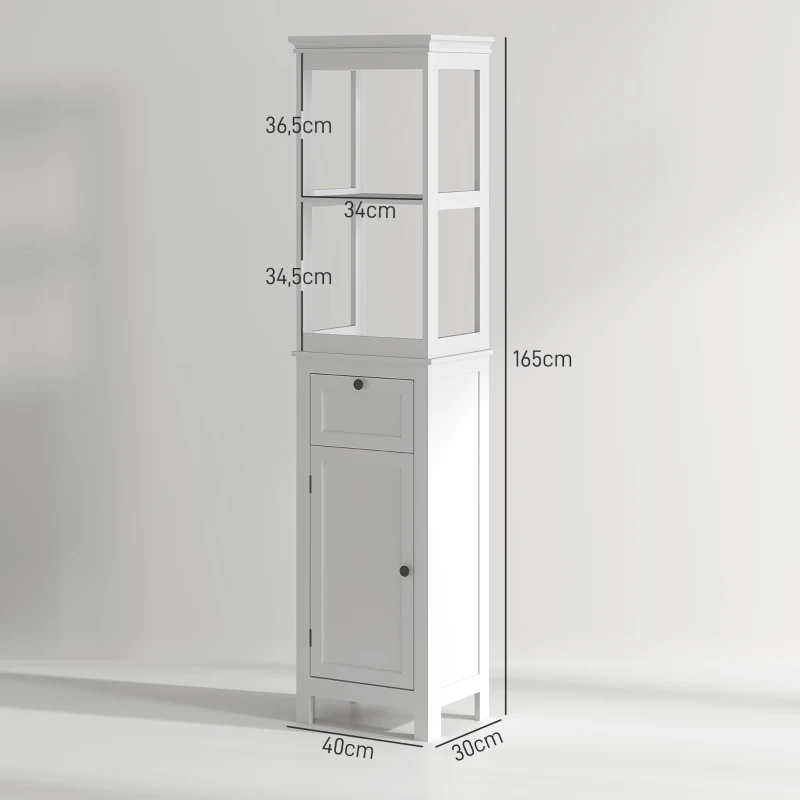 HOMCOM Badezimmerschrank hoher Schrank mit 2 Regalen, 1 Schublade und 1 Schrank - 40 x 30 x 165 cm, weiß