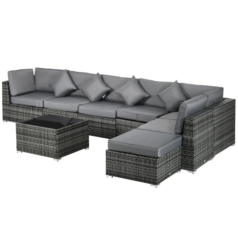 Outsunny 8 Pieces PE Rattan Corner Sofa Set, Outdoor Garden Furniture Set, Patio Wicker Sofa Seater w/ Cushion, Washable Cushion Cover & Tempered Glass Table, Grey