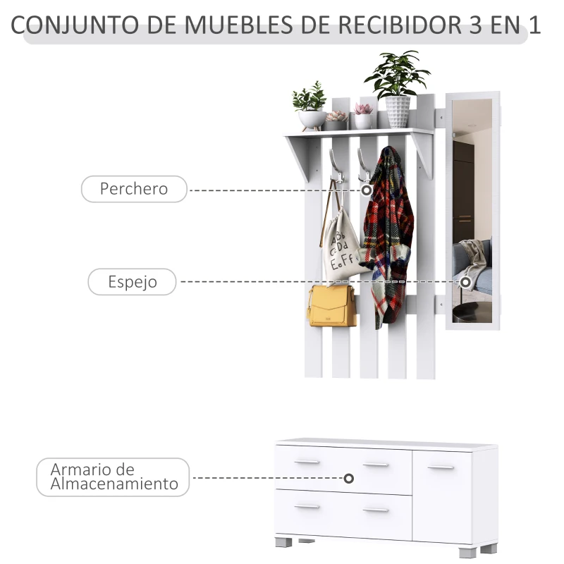 HOMCOM Conjunto de Recibidor de Entrada con Espejo Perchero Zapatero 3 Ganchos Estante y 2 Cajones para Pasillo Blanco