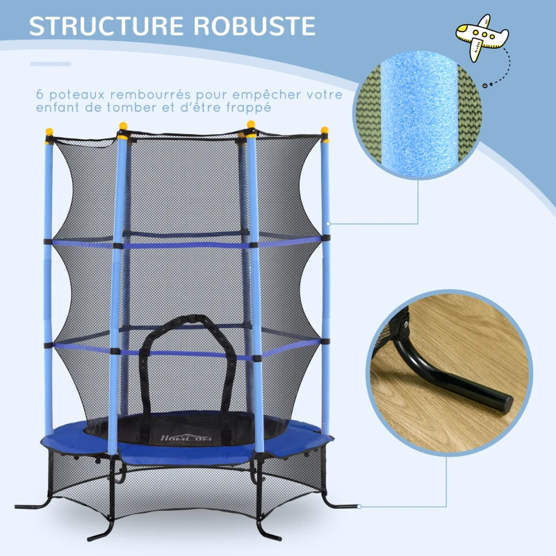 HOMCOM Trampoline Enfant Ø 1,63 × 1,9H m Filet de sécurité Porte zipée Couvre-Ressorts 6 poteaux rembourrés Inclus Bleu