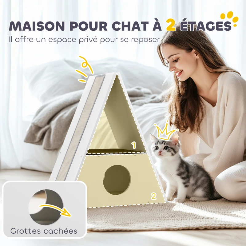 PawHut Maison pour chat 2 niveaux, Lit pour chats d'intérieur avec 2 tapis et 4 griffoirs en sisal, cachette confortable