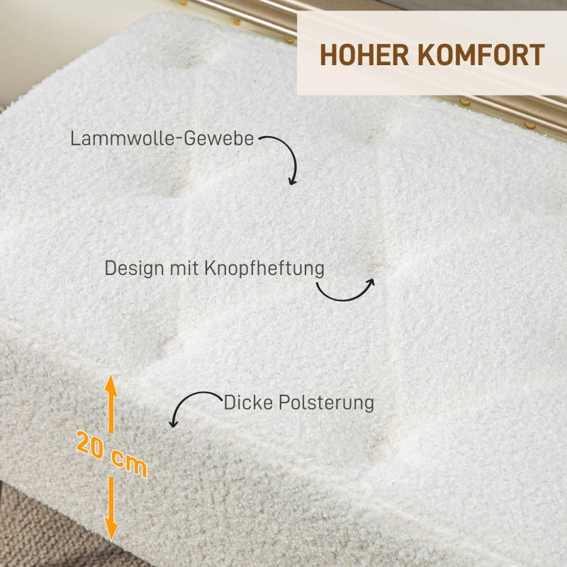 HOMCOM Polsterbank, Knopfheftung, Lammwoll-Optik, vergoldete Beine, bis 120kg, 112x41x46cm, Creme