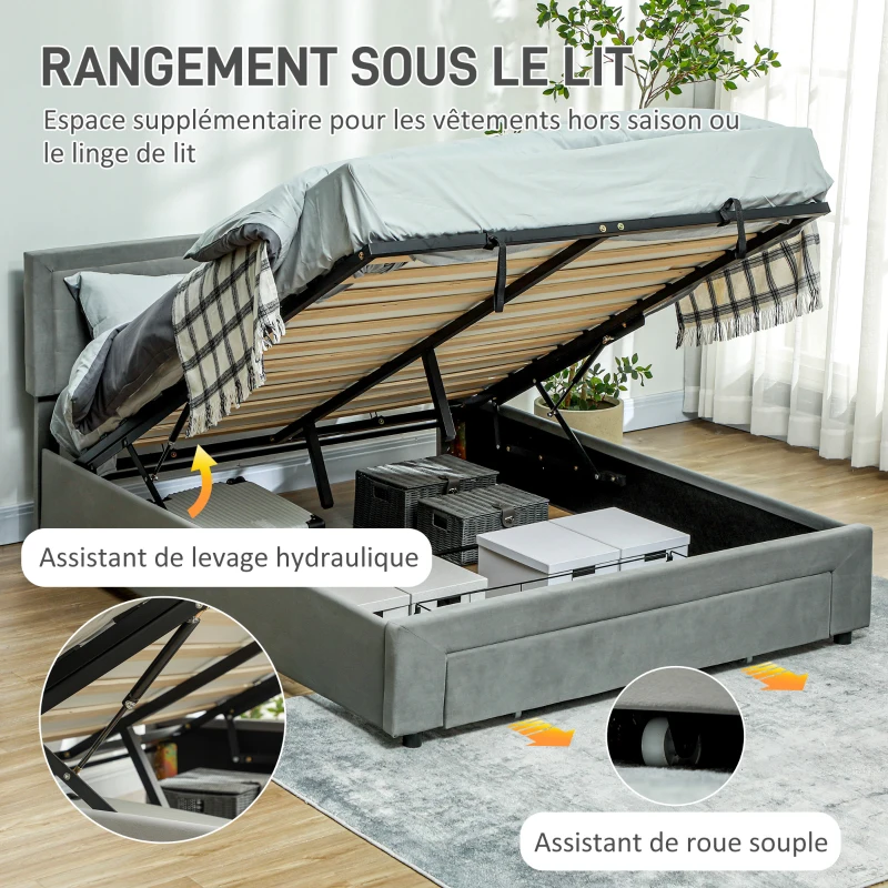 HOMCOM Cadre de lit double sommier coffre à vérins, tiroir à roulettes, tête de lit réglable capitonnée effet velours, gris