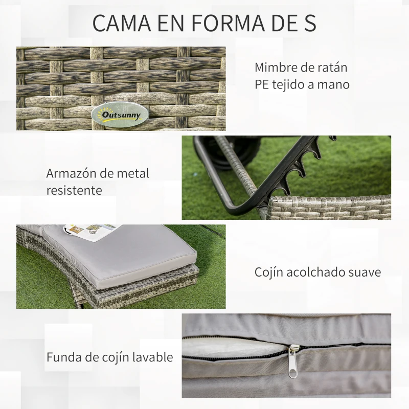 Outsunny Tumbona de Jardín en Forma de S con 2 Ruedas Respaldo Ajustable en 5 Posiciones y Cojín Extraíble 207x70x70 cm Gris