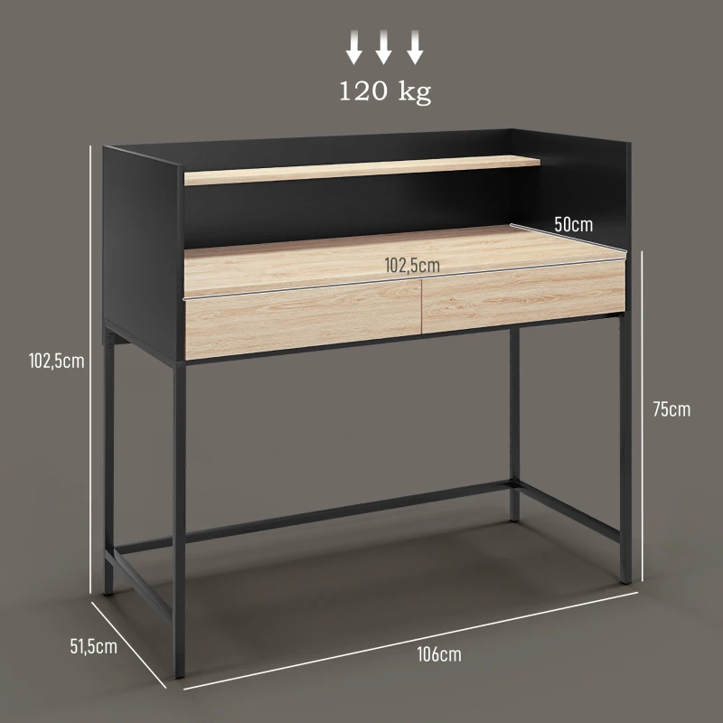HOMCOM Bureau design Moderne, 1 étagère, 2 tiroirs, châssis métal noir panneaux particules, dim. 106l x 51,5L x 102,5H cm