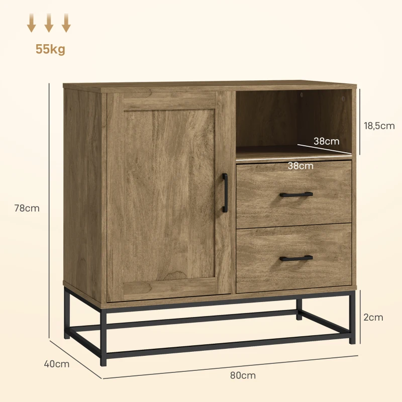 HOMCOM Buffet, Aufbewahrungsmöbel mit 2 Schubladen, offenem Fach und verstellbarem Regal, 80L x 40B x 78H cm, natur
