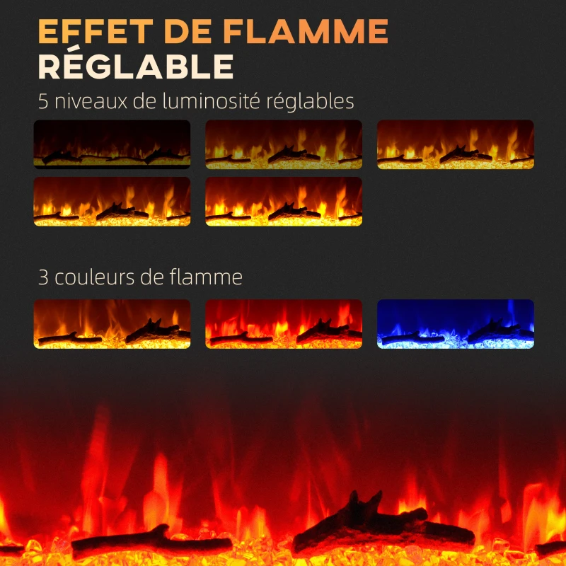 HOMCOM Cheminée électrique 1800 W avec effet flamme en LED 3 couleurs et 5 luminosités, montage mural/encastrable