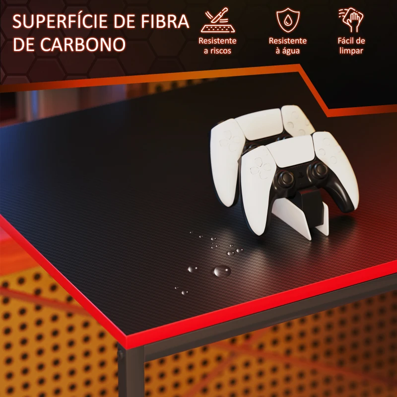 HOMCOM Secretária Gaming com Luzes LED 100x50 cm Secretária Gaming de Fibra de Carbono com Tomadas de Corrente e Controlo Remoto Preto