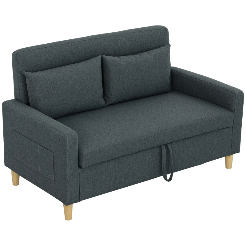 HOMCOM Divano 2 Posti con Spazio Portaoggetti e Cuscini, in Tessuto Effetto Lino e Legno, 135x72x84 cm, Grigio Carbone