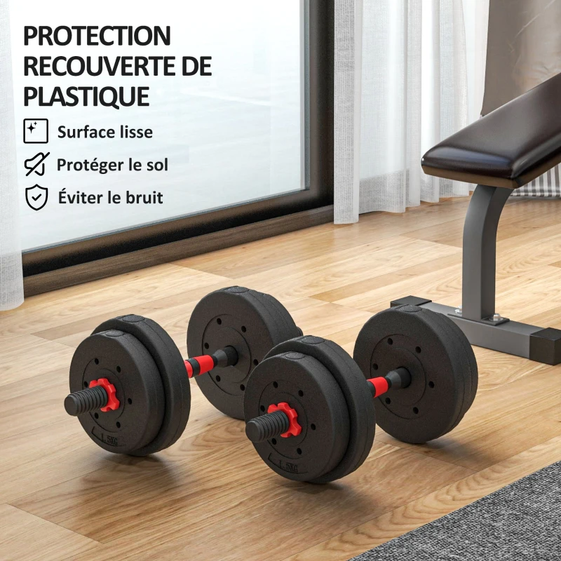 HOMCOM Ensemble d'haltères Courtes Total 15 Kg 2 en 1 poids réglable Barres incluses - entraînement Musculaire & haltérophilie