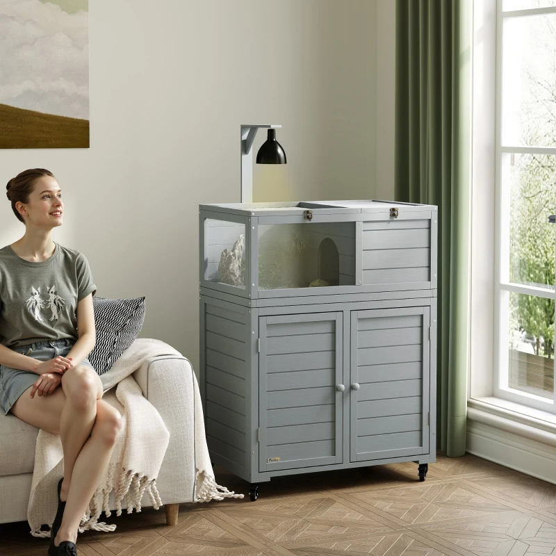 PawHut Wooden Tortoise House with Storage Cabinet, Openable Top, Lamp Holder, Windows, Light Grey