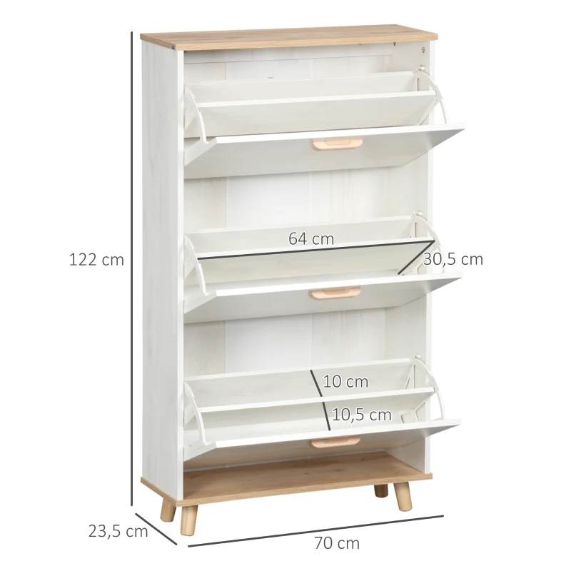 HOMCOM Zapatero Moderno con 3 Cajones Abatibles para 12 Pares de Zapatos para Pasillo Entrada 70x23,5x122 cm Blanco