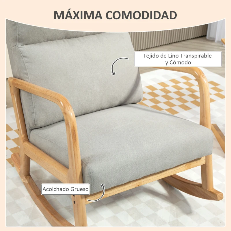 HOMCOM Mecedora Tapizada en Lino Silla Mecedora con Patas de Madera de Caucho y Reposabrazos Carga 150 kg Gris