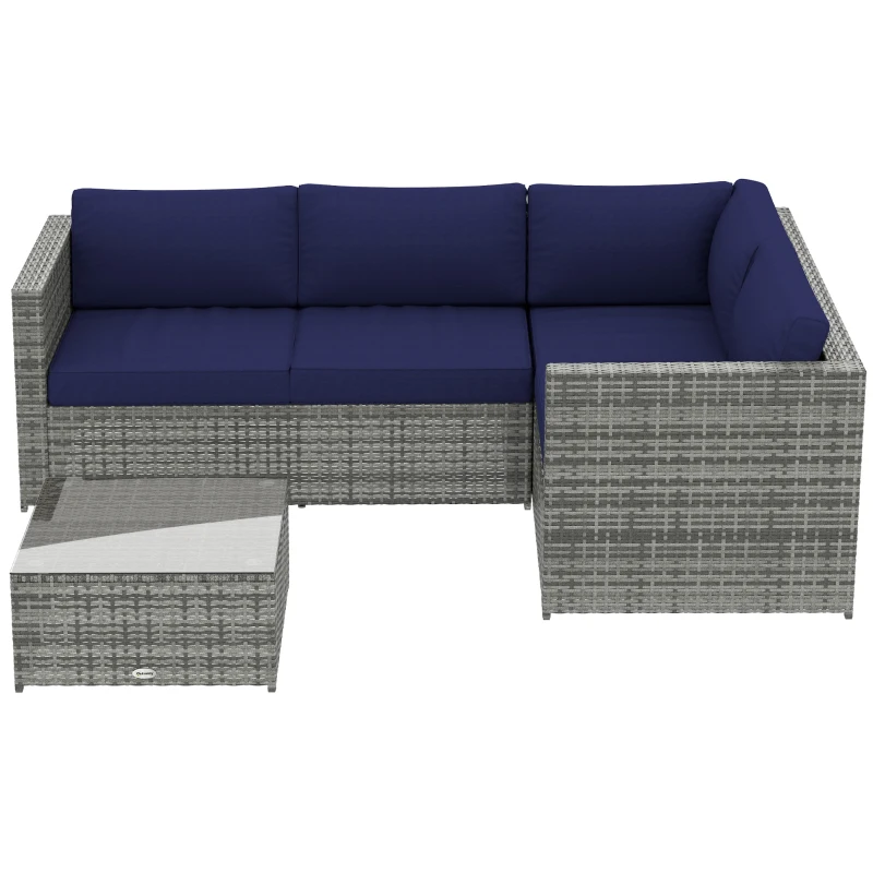 Outsunny 3 Pieces PE Rattan Garden Furniture Set with 10 cm Thick Cushions, 4 Seater Garden Corner Sofa Set with Glass Top Coffee Table, Outdoor Furniture for Patio, Porch, Blue