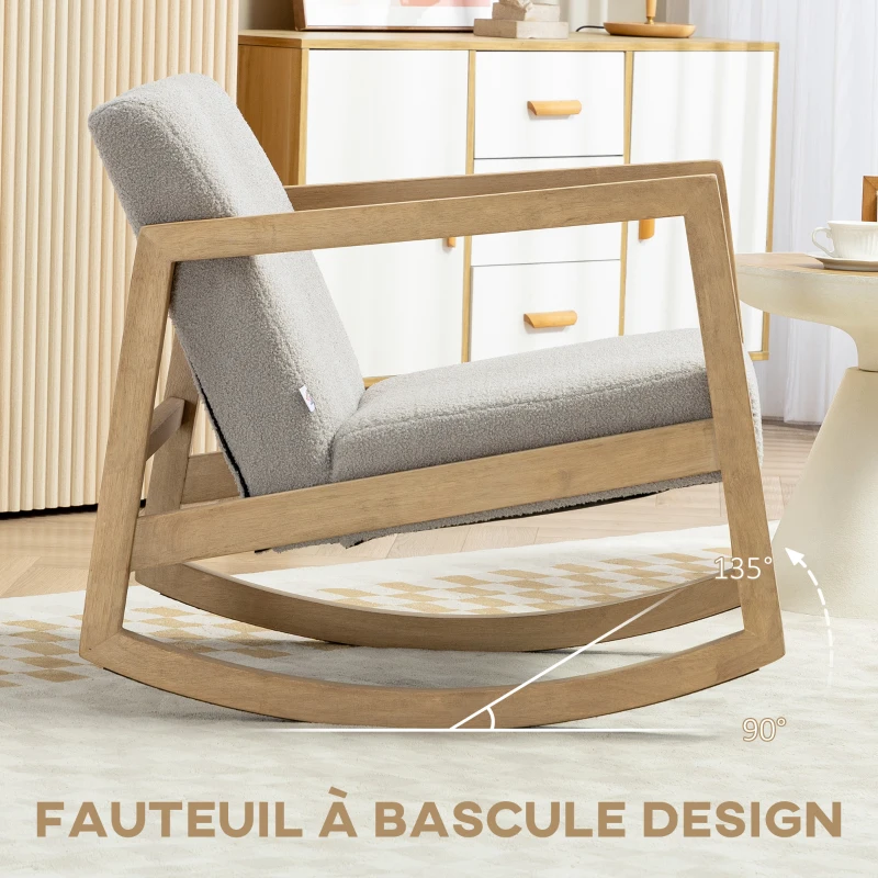 HOMCOM Fauteuil à bascule fauteuil allaitement rocking chair en tissu effet laine bouclée avec pieds en bois massif d'hévéa