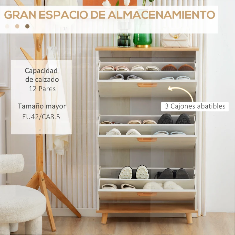 HOMCOM Zapatero Moderno con 3 Cajones Abatibles para 12 Pares de Zapatos para Pasillo Entrada 70x23,5x122 cm Blanco