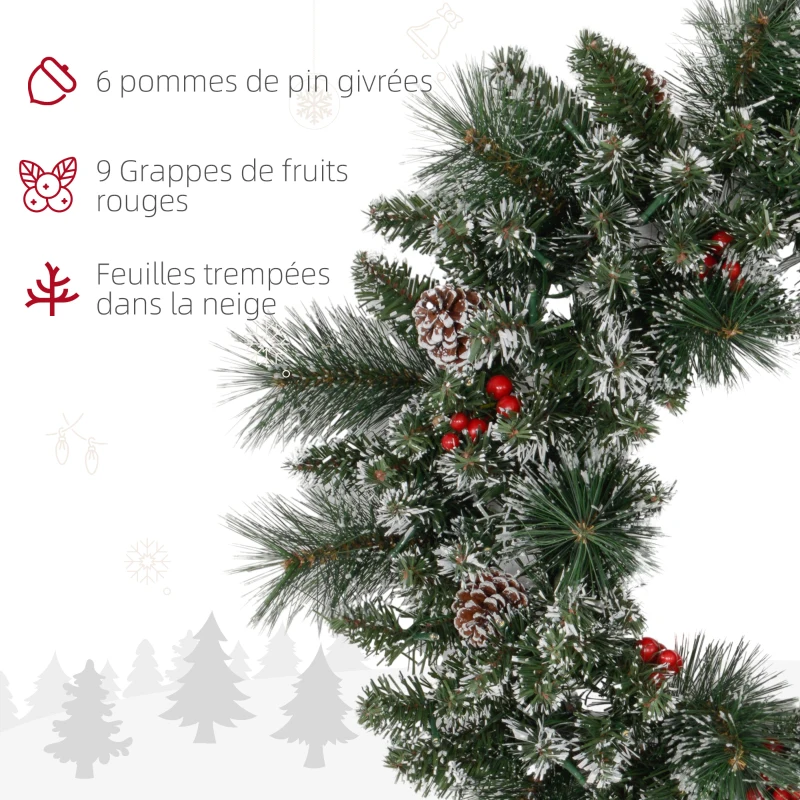 HOMCOM Couronne de Noël porte artificielle 60 CM avec pommes de pin et grappes de baies, lumières LED et minuterie vert