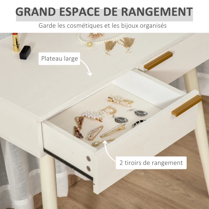 HOMCOM Coiffeuse Design Table de Maquillage avec Miroir rond, 2 tiroirs pour chambre, intérieur, blanc