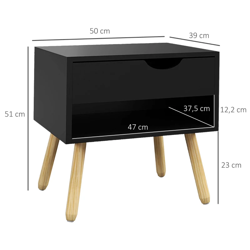 HOMCOM Lot de 2 tables de chevet tables de nuit avec tiroirs pieds en bois massif moderne 50 x 39 x 51 cm noir et bois naturel