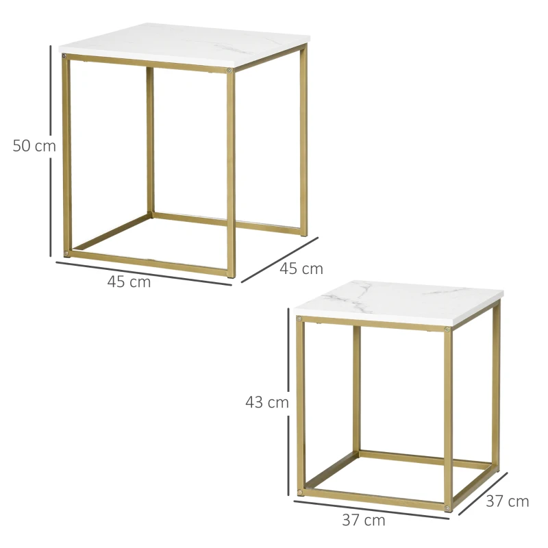 HOMCOM 2er-Set Beistelltische, stapelbare Beistelltische, Tischplatte in Marmoroptik, Gold + Weiß
