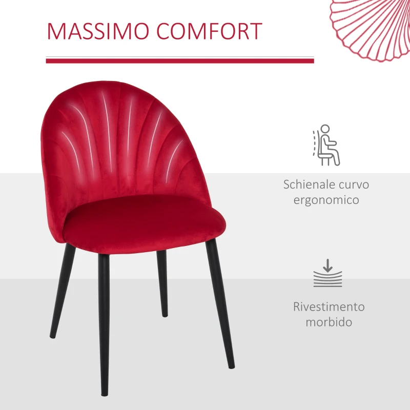 HOMCOM Set di 2 Sedie Sala da Pranzo, Sedie Cucina Moderne con Schienale a Conchiglia e Gambe in Metallo, Sedia in Velluto con Imbottita per Cucina, Camera da Letto, Ufficio e Soggiorno, Rosso