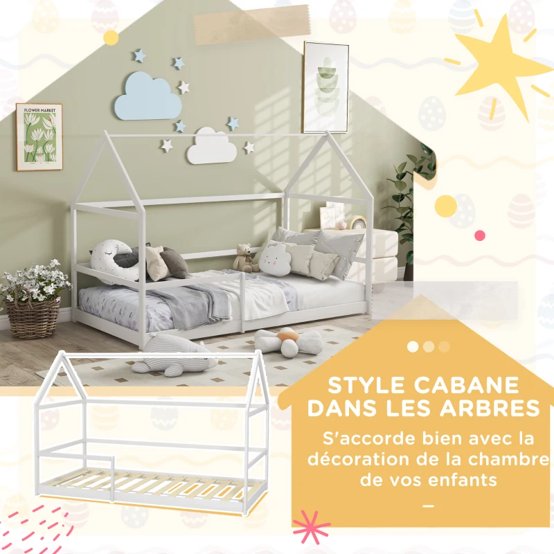 AIYAPLAY Lit cabane enfants 90x190 cm lit enfants lit maison enfant avec protection antichute, sommier à lattes et toit inclus