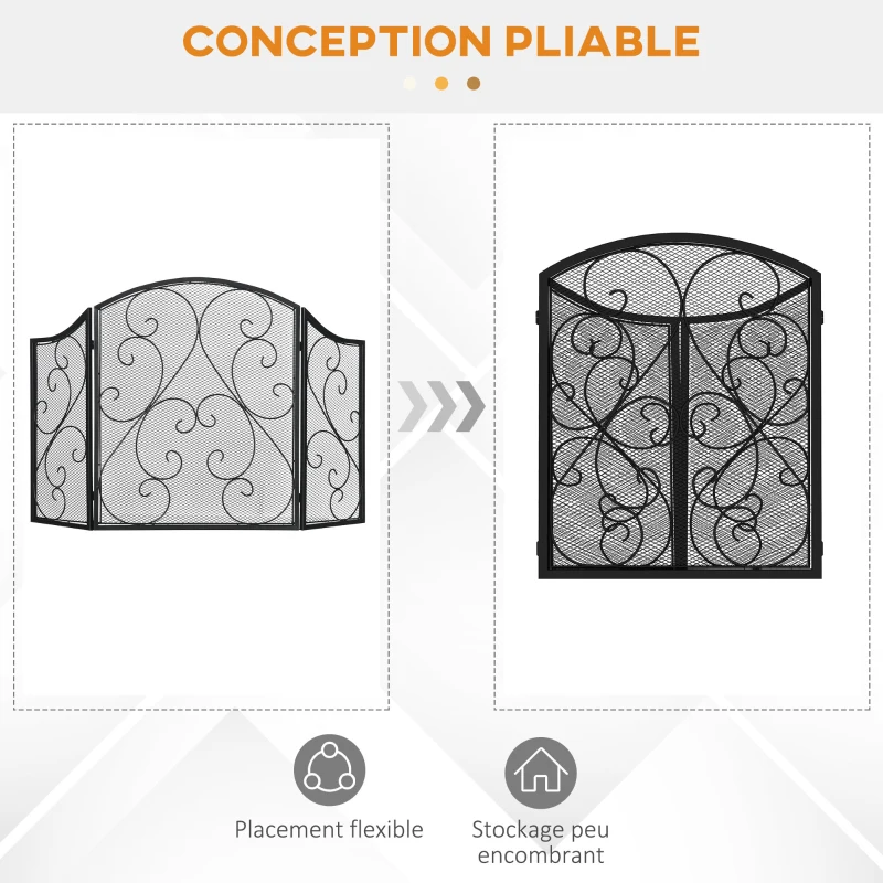 HOMCOM Pare-feu cheminée ou poêle - Pare-étincelles 3 Volets Pliables - dim. 66 x 31 x 81 cm - métal Noir