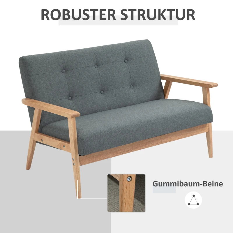 HOMCOM Sofa 2 Sitzer, 115 cm Couch mit Armlehnen, Rückenlehne, Kleine Polstersofa mit Leinenoptik, Holzbeine, Gepolstert Loungesofa für Wohnzimmer, Schlafzimmer, Dunkelgrau
