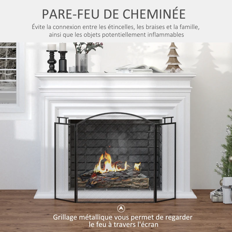 HOMCOM Pare-feu pour cheminée ou poêle - Pare-étincelles 3 Volets Pliables - dim. 110l x 24P x 76,5H cm - Acier métal Noir