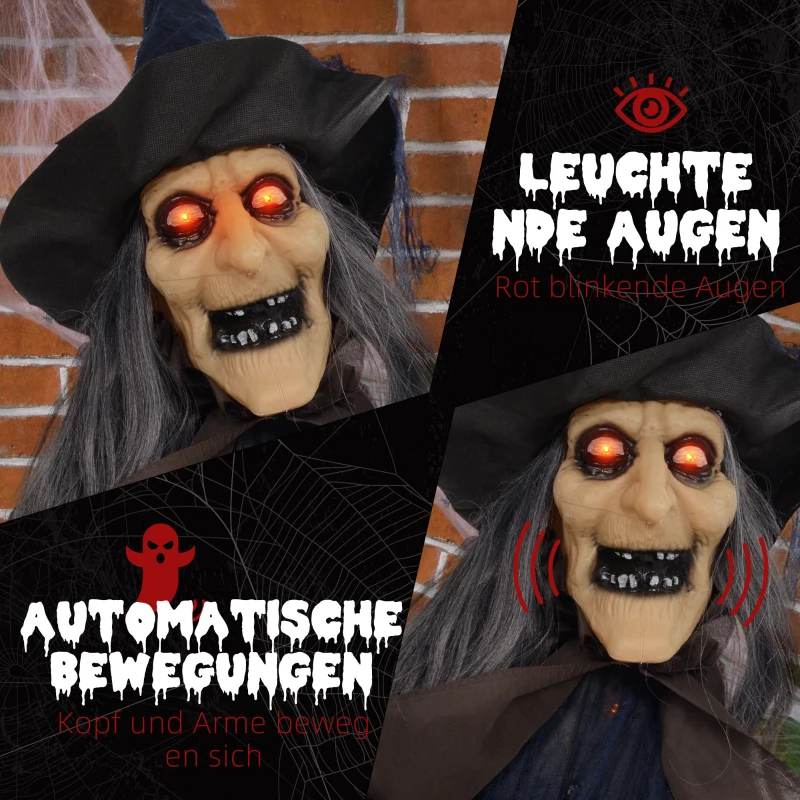 HOMCOM Halloweendekoration Hexe mit Besen, leuchtende Augen, gruselige Geräusche, biegsame Arme, 107x65x190 cm(m-5)