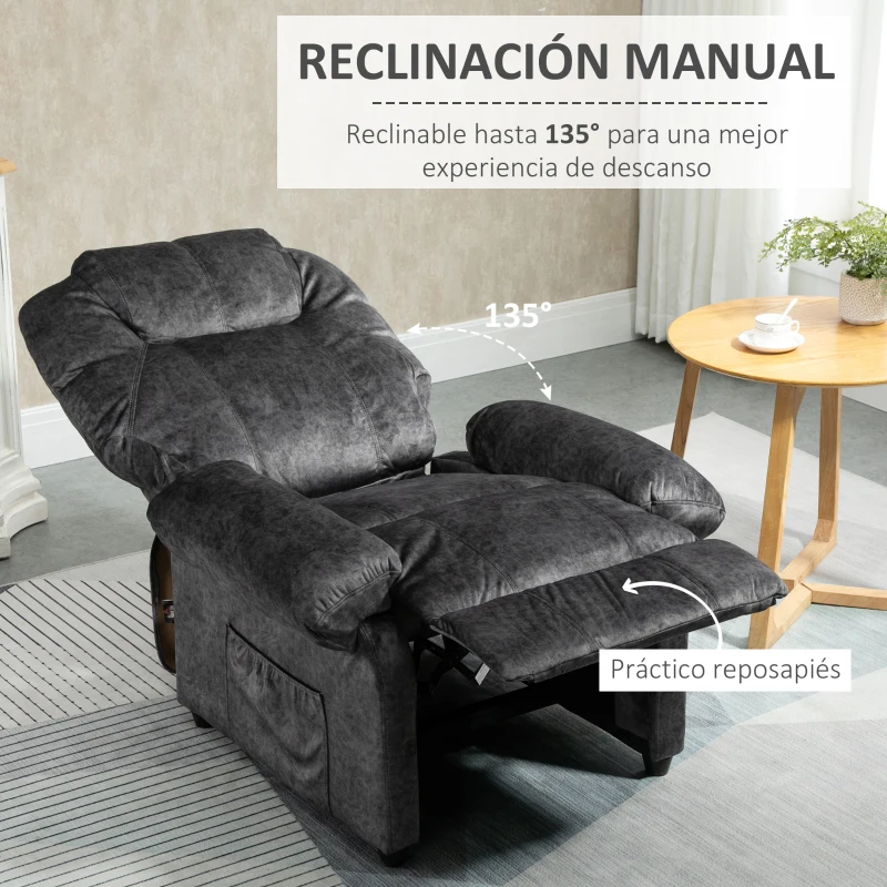 HOMCOM Sillón Relax Reclinable Manual Sillón Relax de Terciopelo con Reposabrazos Reposapiés Acolchado Grueso Negro