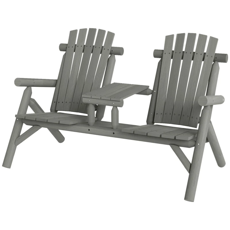 Outsunny Wood Patio Chair Bench 2 Seats w/ Centre Coffee Table, Garden Bench, Grey