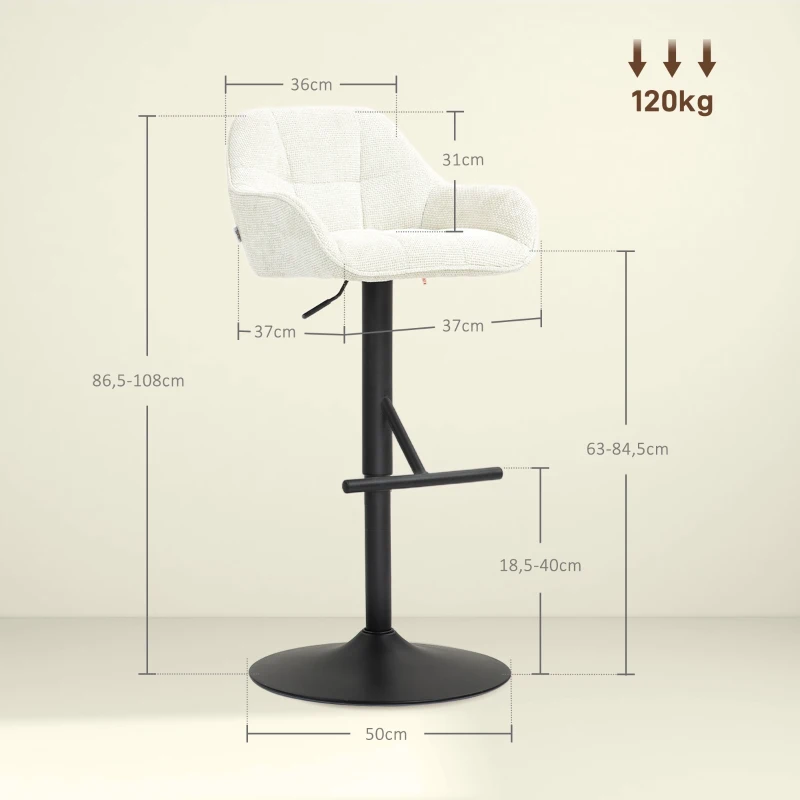 HOMCOM Set aus 2 Barhockern, Barstühle, höhenverstellbar, Leinenstoff und Stahlbasis 52,5 x 53 x 86,5-108 cm, Creme