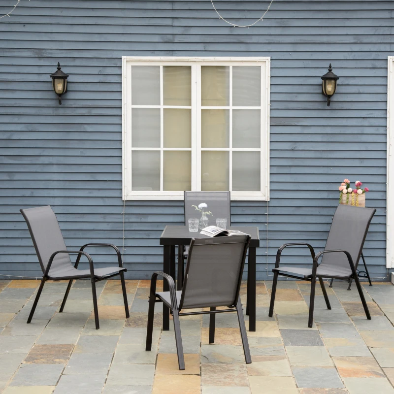 Outsunny Conjunto de 4 Cadeiras de Jardim Empilháveis Cadeiras de Refeição de Exterior com Tecido Respirável 54x75,5x95 cm Cinza
