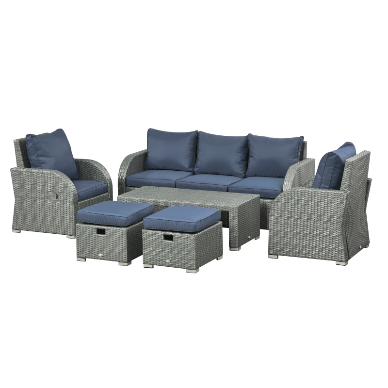 Outsunny Six-piece Outdoor Rattan Dining Set, Outdoor Sofa Set with Reclining Armchairs and Mental Frame, Blue
