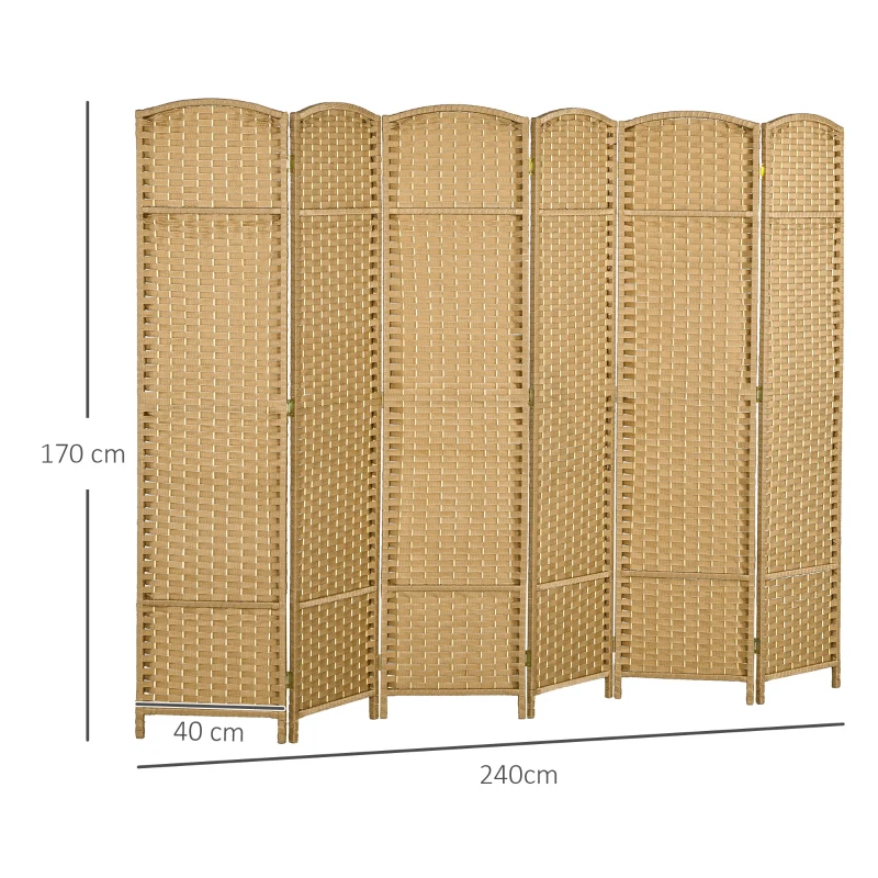 HOMCOM 6 Panel Folding Room Divider, Freestanding Privacy Screen for Living Room, Bedroom and Office, 240 x 170cm, Natural