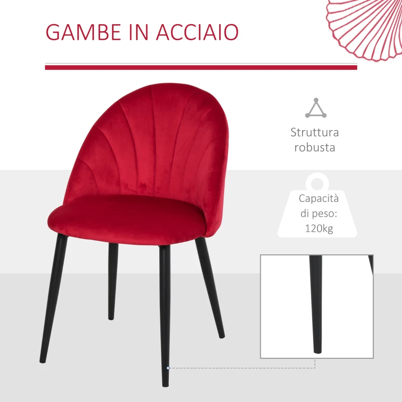 HOMCOM Set di 2 Sedie Sala da Pranzo, Sedie Cucina Moderne con Schienale a Conchiglia e Gambe in Metallo, Sedia in Velluto con Imbottita per Cucina, Camera da Letto, Ufficio e Soggiorno, Rosso