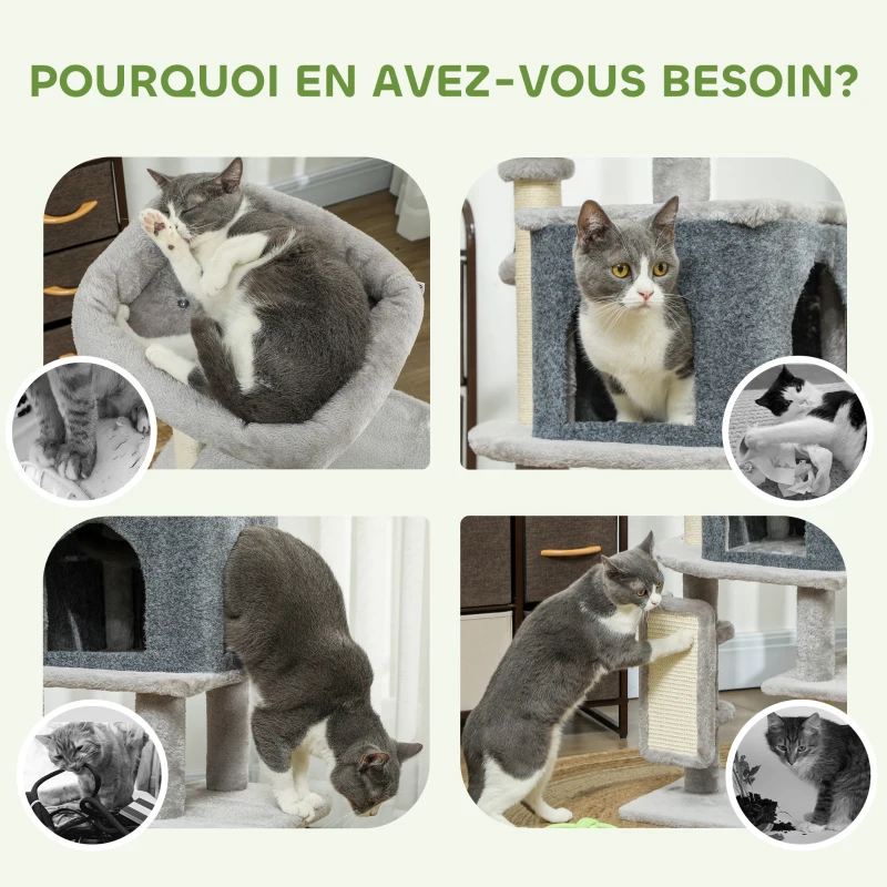 PawHut Arbre à chat, tour de jeux, hauteur de 104 cm, avec lit maison, brosse de toilettage,  44l x 34P x 104H cm, gris clair