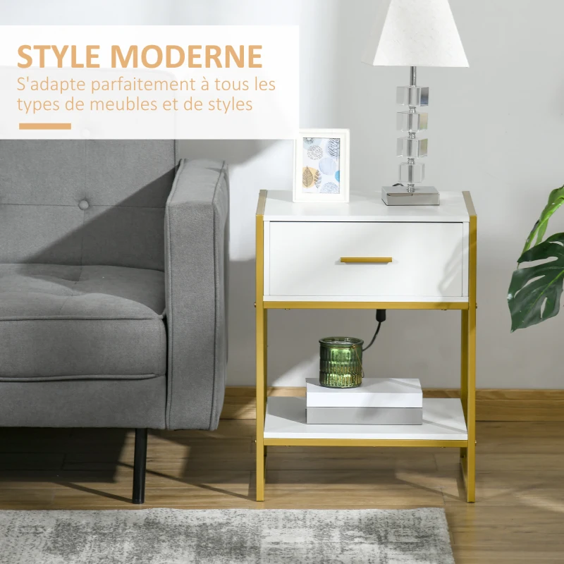 HOMCOM Table de chevet table de nuit avec tiroir étagère et poignée cadre en acier pour chambre à coucher 45 x 40 x 60 cm blanc