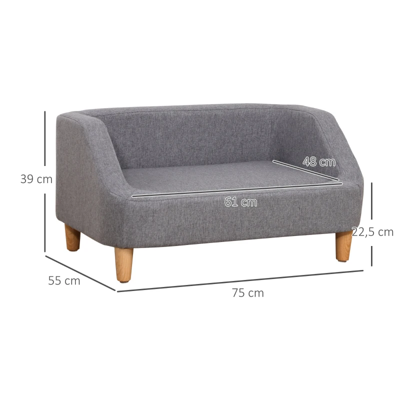 PawHut Hundesofa Katzensofa Haustier Sofastil skandinavisch Holzfüße Stoffbezug abnehmbar 75 x 55 x 39 cm - Grau