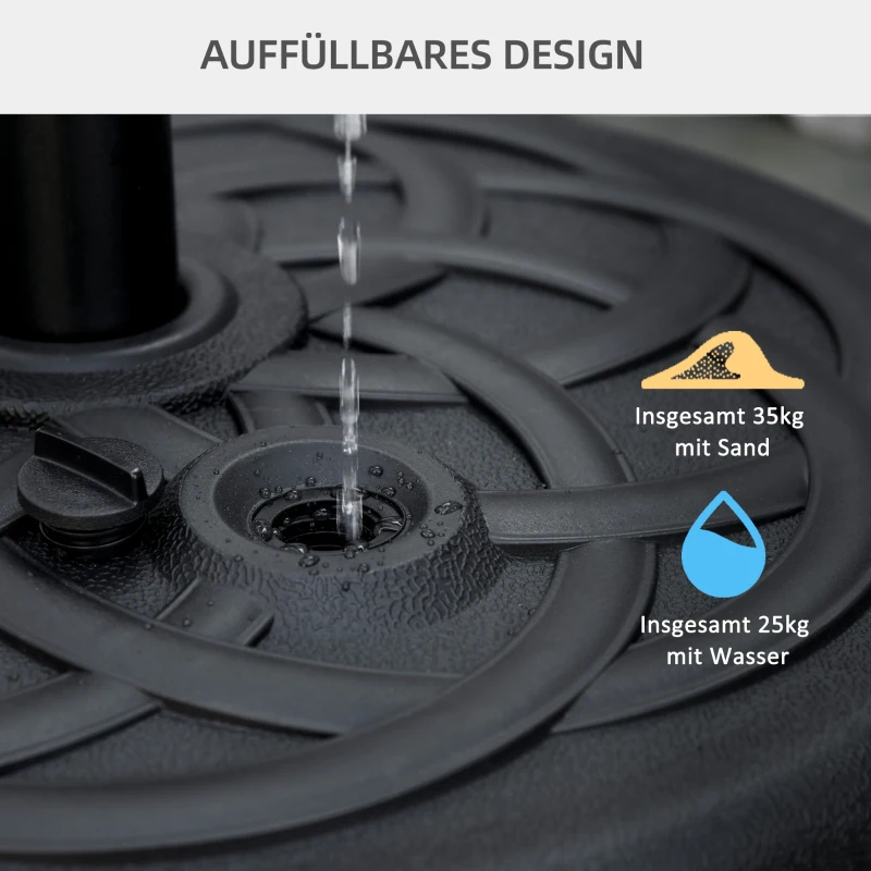 Outsunny Parasolbasis, Parasolvoet van Kunststof en Metaal, Vulbaar met Water en Zand, Ø56 x 30,5H cm, Zwart