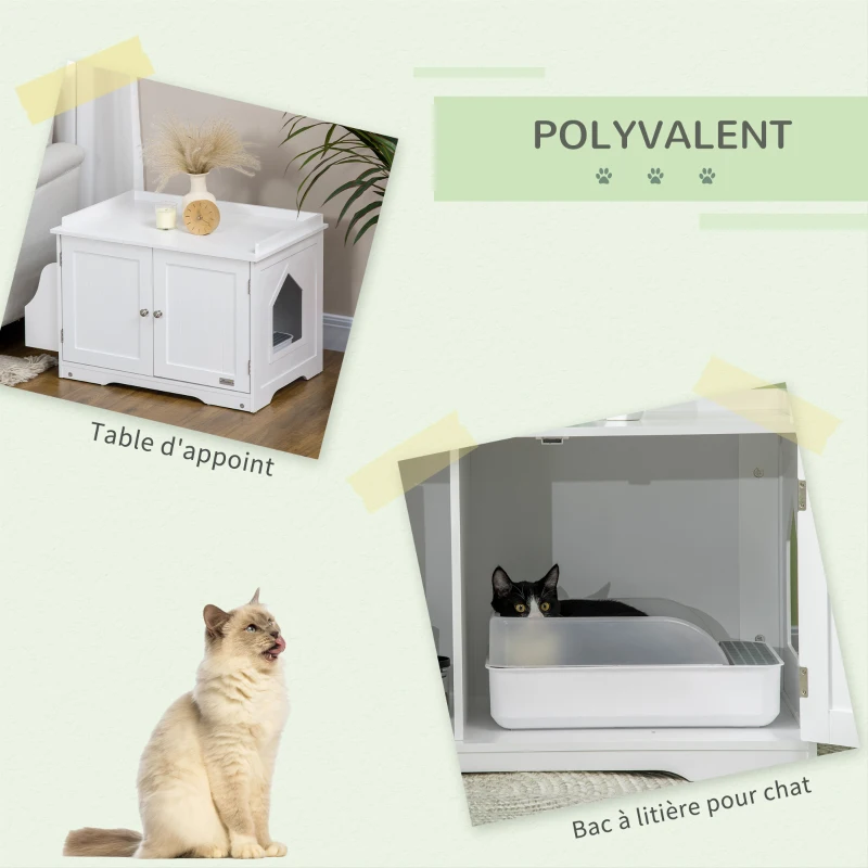 PawHut Maison de toilette pour chat design meuble cache litière 2 en 1 table d'appoint 2 portes avec cloison amovible blanc