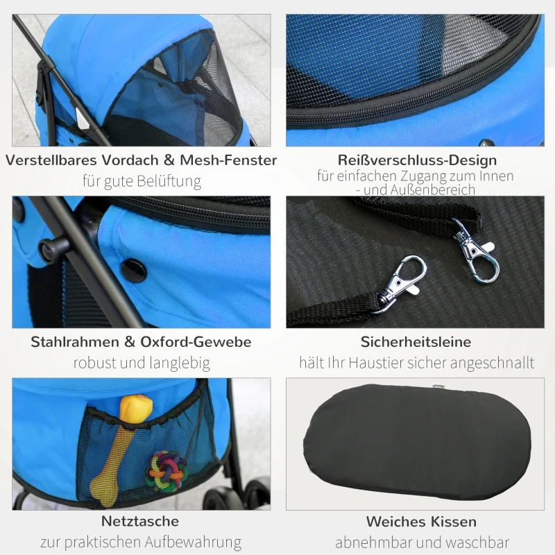 PawHut Hundebuggy, verstellbares Dach, Netzfenster, Reißverschluss, Stahl, 82x47x97 cm, Blau/Schwarz(m-7)